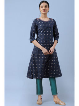W - Navy Blue Thread Embroidered Shantung A-Line Kurta & Pant