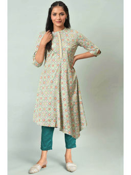 W - Light Green Printed Beads Shantung A-Line Kurta & Pant