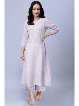 W - Light Purple Floral Printed Lace Rayon A-Line Kurta & Pant
