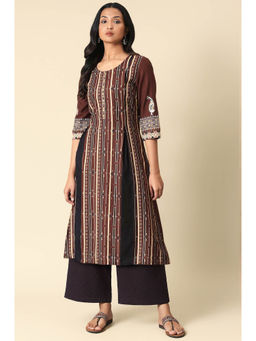 W - Dark Brown Printed Coins Rayon A-Line Kurta & Palazzo
