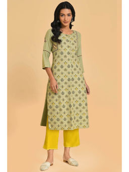 W - Light Green Printed Thread Embroidered Rayon A-Line Kurta & Pant