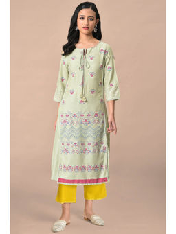 W - Green Floral Printed Beads Rayon A-Line Kurta & Pant