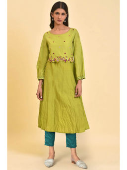 W - Light Green Thread Embroidered Cotton A-Line Kurta & Pant
