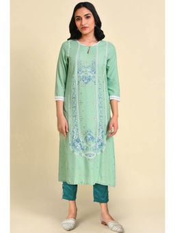 W - Light Green Floral Printed Lace Rayon Straight Kurta & Pant