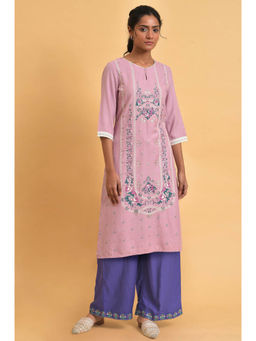 W - Light Purple Floral Printed Lace Rayon Straight Kurta & Palazzo