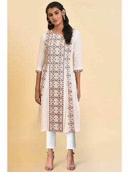 W - Ecru Printed Jacquard Straight Kurta & Jeggings