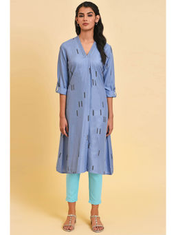 W - Blue Printed Rayon A-Line Kurta & Pant
