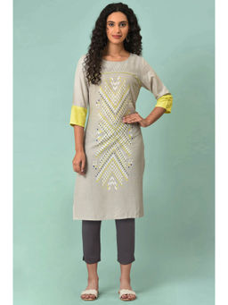 W - Light Grey Printed Rayon Straight Kurta & Pant