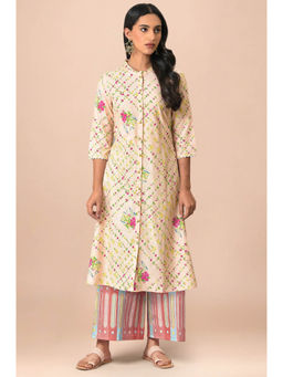 W - Light Orange Floral Printed Lace Rayon A-Line Kurta & Palazzo