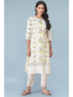 W - Ecru Floral Lace Cotton Flax Straight Kurta & Pant