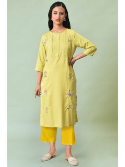 W - Light Yellow Thread Embroidered Rayon Straight Kurta & Pant