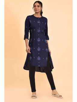 W - Dark Blue Floral Printed Rayon Kurta & Leggings