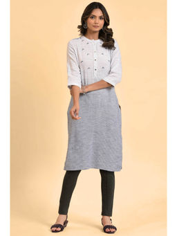 W - Light Grey Striped Thread Embroidered Cotton Kurta & Leggings