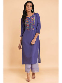 W - Purple Thread Embroidered Rayon Straight Kurta & Pant