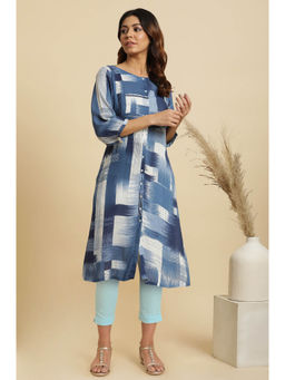 W - Blue Kantha Rayon Crepe Straight Kurta & Pant