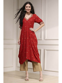 Biba - Women Red Viscose Rayon A-Line Embellished Kurta