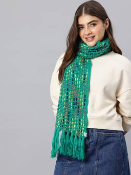 Magic Needles - Handmade Crochet Net and Lace Scarf with Tassels Green