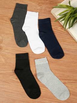 Teakwood - Mens Black,White,Grey,Navy & Dark Grey Cotton Above Ankle Length Socks (Pack of 5)