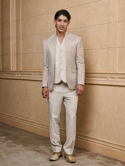 TASVA - Beige Embroidered Indo Western Jacket with Coat and Trouser