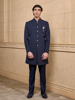 TASVA - Navy Blue Textured Indo Western Jacket with Trouser