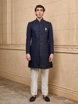 TASVA - Navy Blue Embroidered Indo Western Jacket with Kurta and Aligarhi