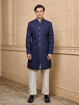 TASVA - Navy Blue Embroidered Indo Western with Jacket with Kurta and Aligarhi