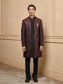 TASVA - Wine Jacquard Indo Western Jacket with Kurta and Trouser
