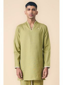 TASVA - Olive Solid Cotton Linen Blend Kurta
