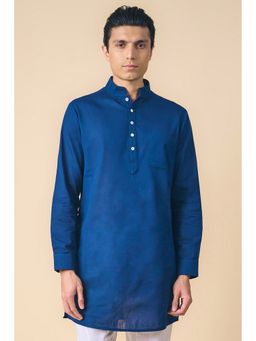 TASVA - Navy Blue Solid Cotton Linen Blend Kurta