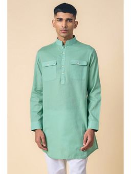 TASVA - Aqua Solid Cotton Linen Blend Kurta