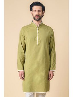 TASVA - Olive Mandarin Neck Cotton Linen Blend Kurta