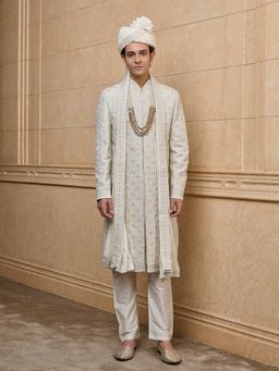 TASVA - Embroidered Ivory Sherwani Kurta with Churidar and Stole