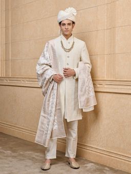 TASVA - Ivory Embroidered Sherwani with Kurta and Aligarhi