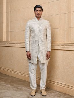 TASVA - Ivory Mirror Work Sherwani with Kurta and Aligarhi