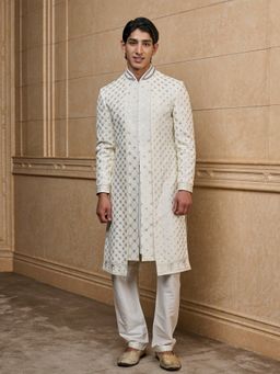 TASVA - Ivory Embroidered Sherwani with Kurta and Aligarhi