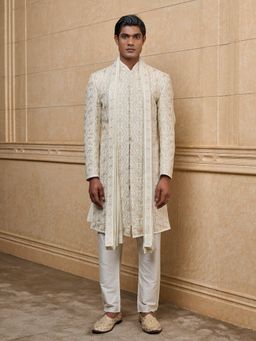 TASVA - Ivory Embroidered Sherwani Kurta with Churidar and Stole