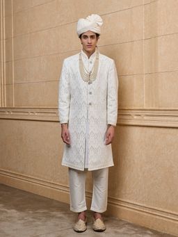 TASVA - White Mirror Work Sherwani with Kurta and Aligarhi