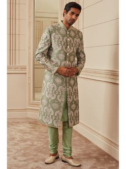 TASVA - Green Printed Aari Embroidery Sherwani with Churidar