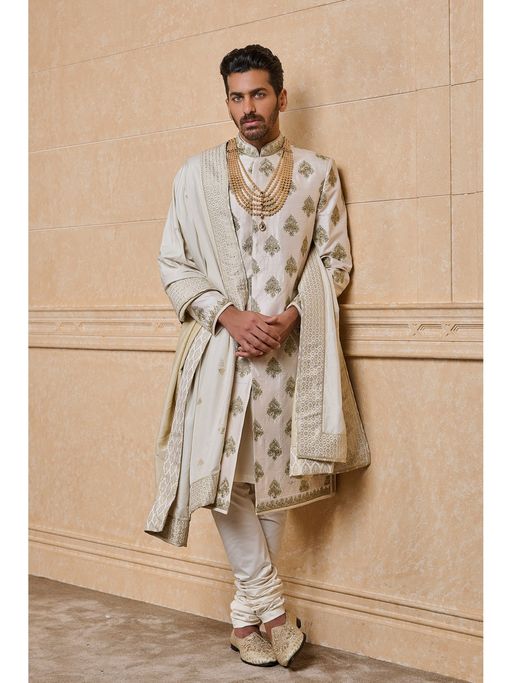 TASVA Ivory All Over Zari Butta Embroidered Sherwani with Churidar