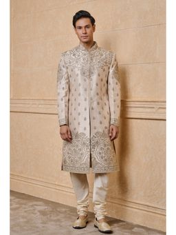 TASVA - Ivory Raw Placement Embroidery Sherwani with Churidar