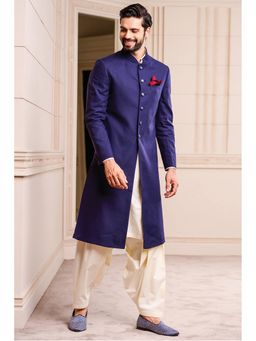 TASVA - Navy Blue Linen Sherwani with Salwar