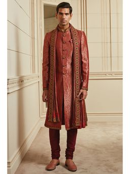 TASVA - Red Silk Brocade Sherwani with Kurta and Churidar