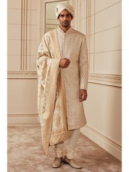 TASVA - Ivory Brocade Sherwani with Dupatta and Churidar