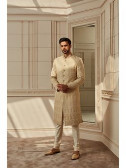 TASVA - Ivory Zardozi Embroidered Brocade Sherwani with Churidar and Kurta