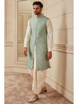 TASVA - Green Quilted Brocade Sleeveless Sherwani with Dhoti Pant