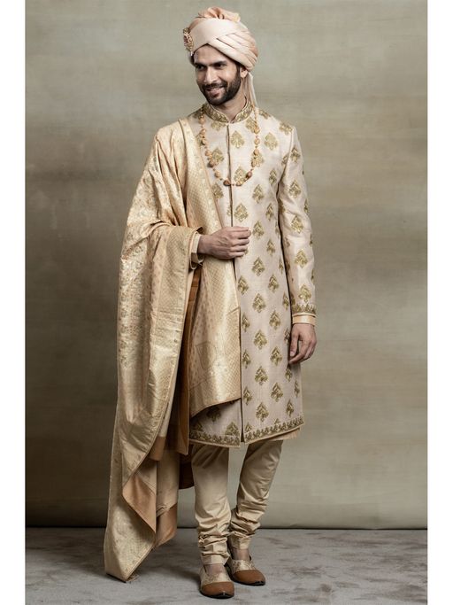 TASVA Gold Zardozi Embroidered Sherwani with Kurta and Churidar