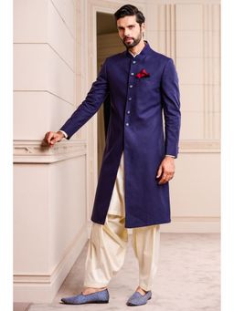 TASVA - Navy Blue Linen Dori Embroidered Collar Sherwani with Salwar