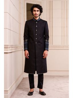 TASVA - Black Linen Swarovski Detailing Sherwani with Kurta and Aligarhi