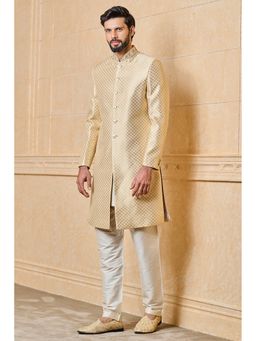 TASVA - Ivory Brocade Embroidered Collar Sherwani with Kurta and Aligarhi