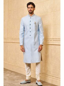 TASVA - Light Blue Jacquard Embroidered Collar Sherwani with Kurta and Churidar